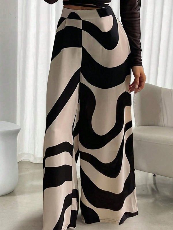 Loose A-Line Wave Pattern Color-Block Print Casual Autumn Pants, Loose Flared Teacher Pants, Khakis