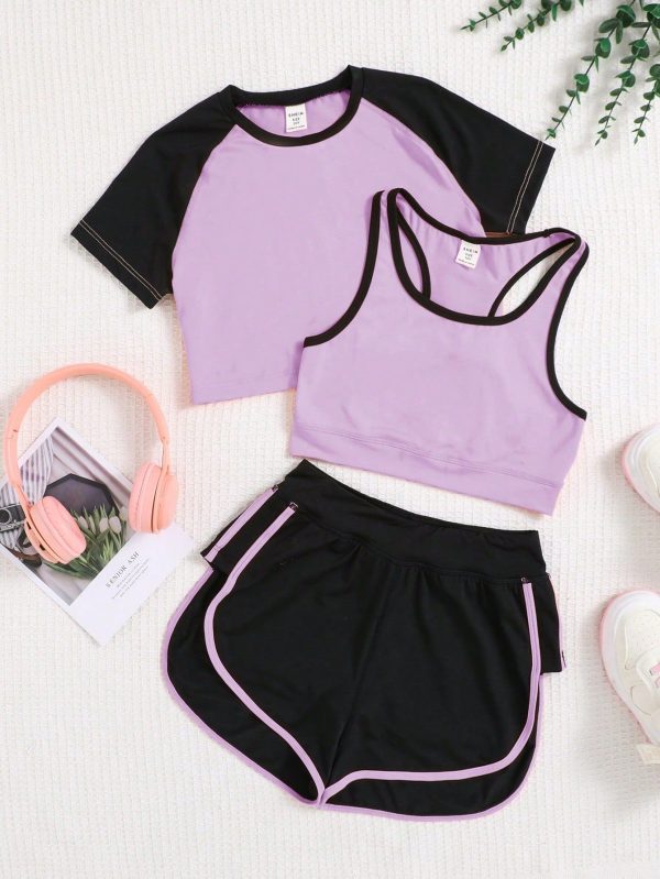 Tween Girl Knitted Color Blocked Short Sleeve T-Shirt, U-Neck Vest And Shorts Sports 3pcs Outfits