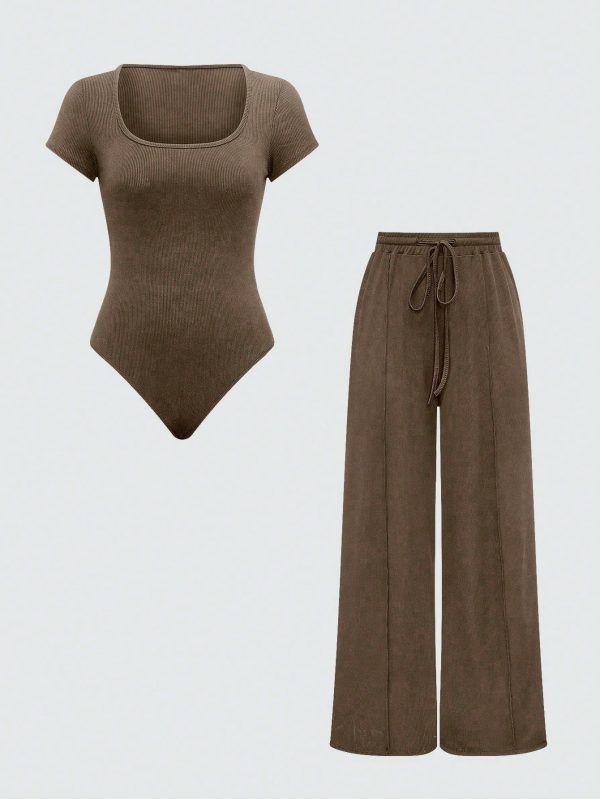 Women's Summer Solid Color Short Sleeve Bodysuit  & High Waist Tie Belted Wide Leg Pants Casual 2-Piece Set