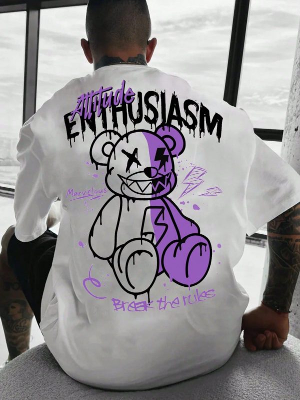 Men Loose Fit Short Sleeve T-Shirt With Cartoon Bear And Letter Graphic Print, Hip Hop