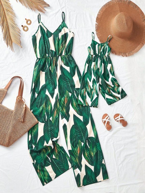 Baby Girl Summer Cute Leaf Print Sleeveless Jumpsuit Mommy And Me Matching Outfits (2pcs Sold Separately)
