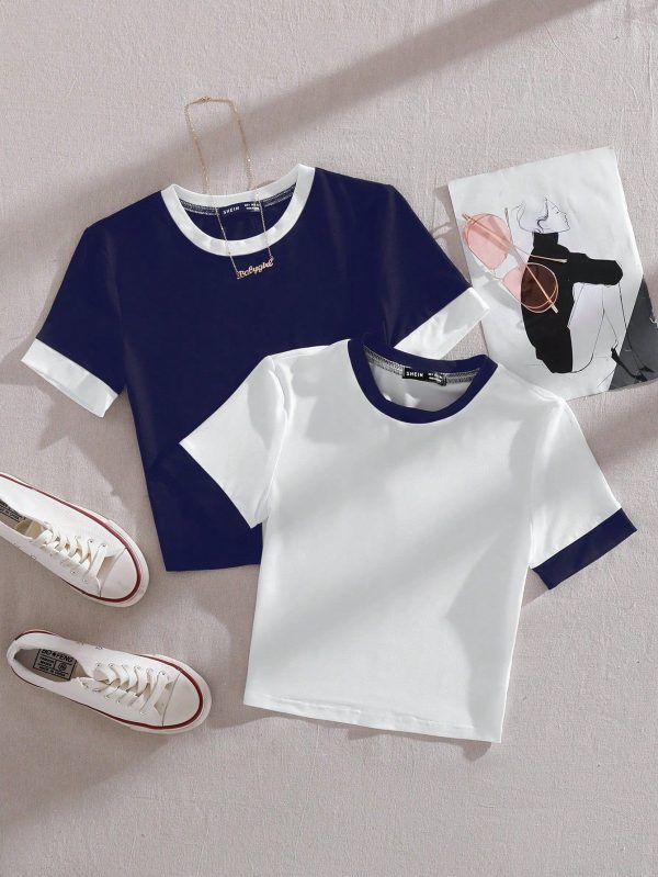 Summer Women Tops Colorblock Tight-Fitting Short Sleeve T-Shirt Two-Piece Set