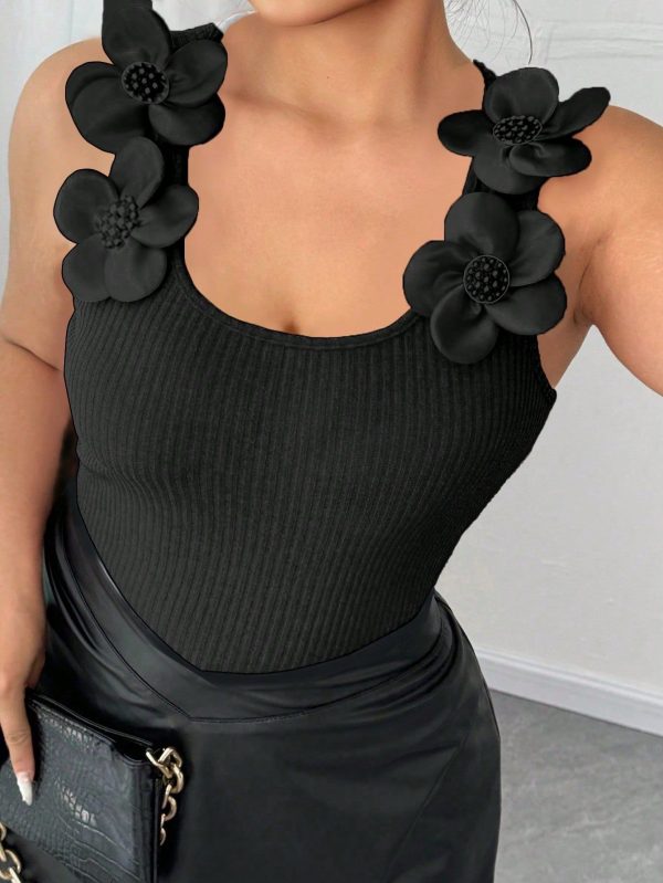 Plus Size Women 3D Floral Decor Ribbed Square Neck Cami Top,Valentine