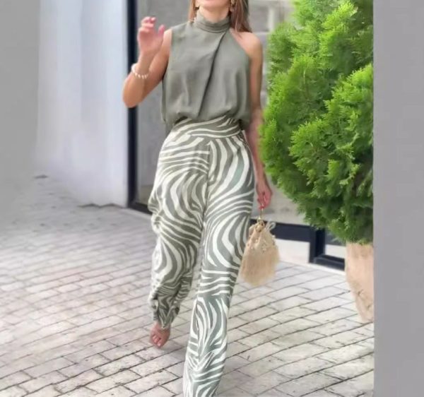 Two-piece Set for Women's Clothing Streetwear 2024 Summer New Sleeveless Hanging Neck Top and Wide
