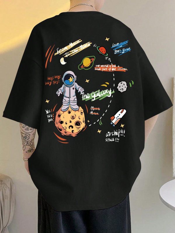 Men Loose Fit Cartoon & Slogan Print Drop Shoulder T-Shirt