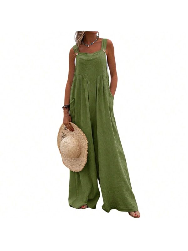 Women Wide Leg Overalls Sleeveless Jumpsuits Loose Solid Color Suspender Comfy Baggy Button Rompers With Pockets