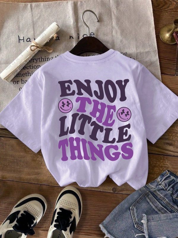 ModeFlare Wear Young Girl Casual Simple Letter Print Short Sleeve T-Shirt, Suitable For Summer, Back Of Clothes