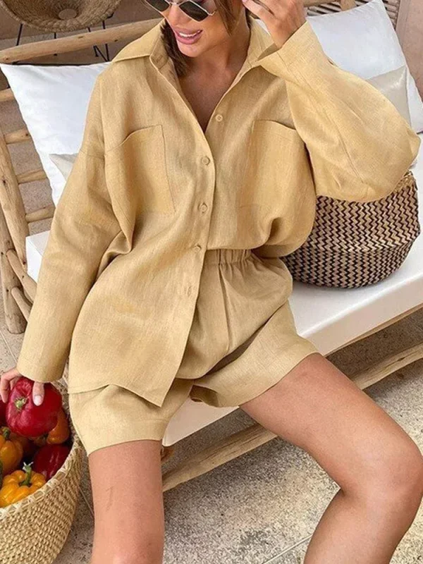 Black Women's Summer Suit Shirt and Shorts Loose Cotton Linen Suit Long Sleeve Top Oversize