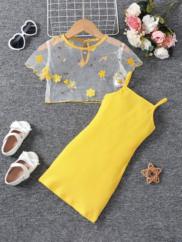 Young Girl Yellow  Sweet Floral Printed Round Neck Regular Sleeve 2pcs/Set For Summer