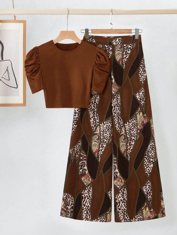 Women Puff Sleeve Round Neck T-Shirt And Leopard Paisley Print Wide Leg Pants Set,Summer Sets