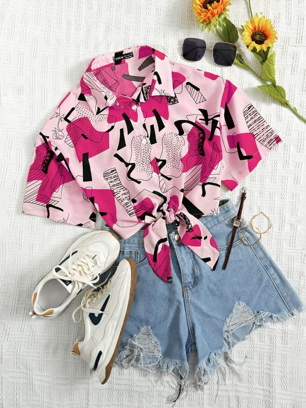 1pc Graphic Print Tie Front Crop Shirt For Summer,Short Sleeve Tops