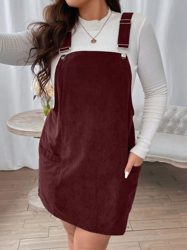 Plus Patched Pocket Cord Overall Dress Without Tee, Winter Burgundy Corduroy Women Outfit