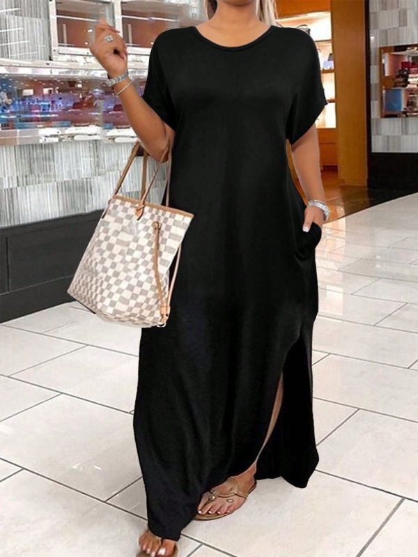 Plus Size Women's Solid Color Round Neck Dress With Pockets Maxi Women Outfit