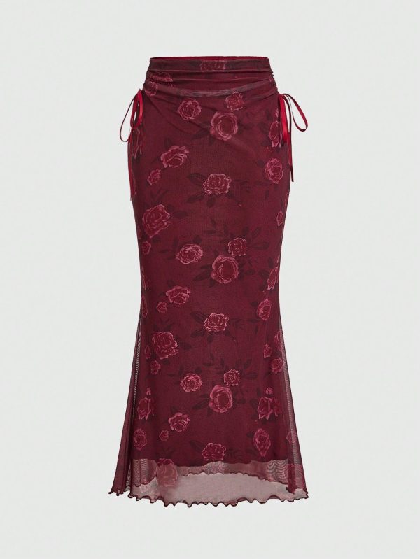 Women's Flower Printed Mesh Tulle Skirt