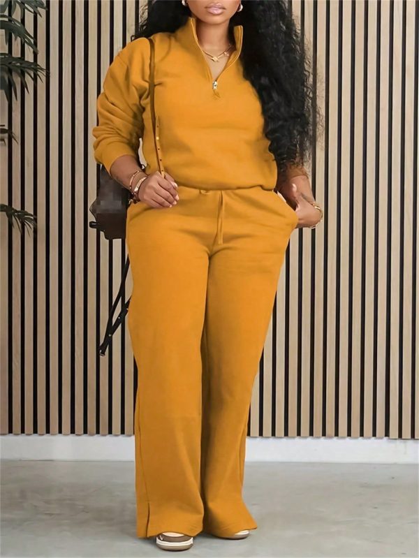 2pcs Women Solid Color Half Zip Jacket And Pants Set, Autumn