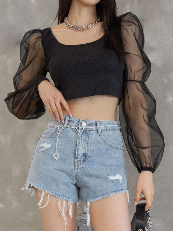 Contrast Mesh Lantern Sleeve Crop Top Going Out Tops Festival Sheer