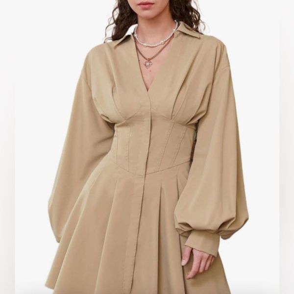 Shein Curve Dresses | Nwt Mod Plus Drop Shoulder Fold Pleated Detail Dress - Size 1x Color Khaki | Color: Tan | Size: 1x