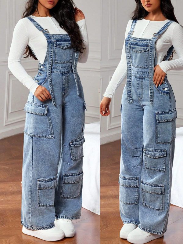 Women's Casual Street Style Flap Pocket Denim Bib Overall Jumpsuit, T-Shirt Not Included
