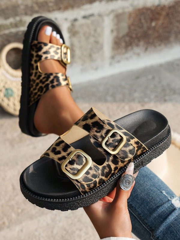 Leopard Print Thick Bottom Soft Bottom Buckle Decorated Open Toe Flat Sandals