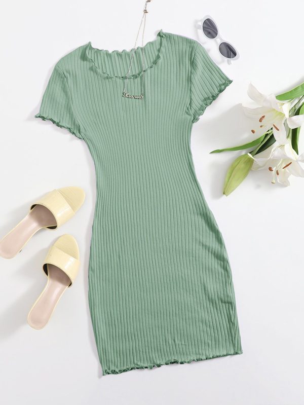 Lettuce Trim Rib-Knit Bodycon Dress,Summer Dresses For Women,Pastel Dresses For Women