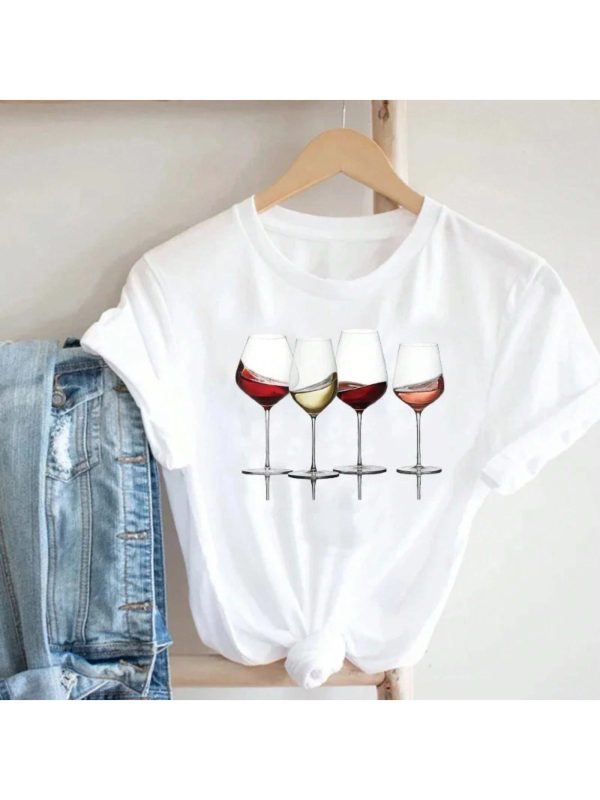 Fashion Short Sleeve Women Ladies T Shirt Top Girl Wine Style Printing Lady Travel Graphic T-Shirt