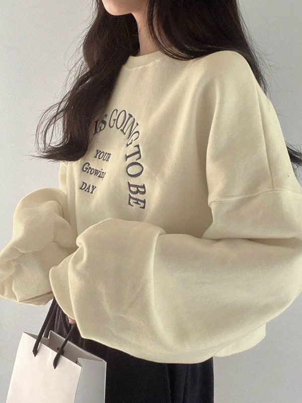 Embroidery Slogan Pattern Drop Shoulder Oversized Pullover,Long Sleeve Tops