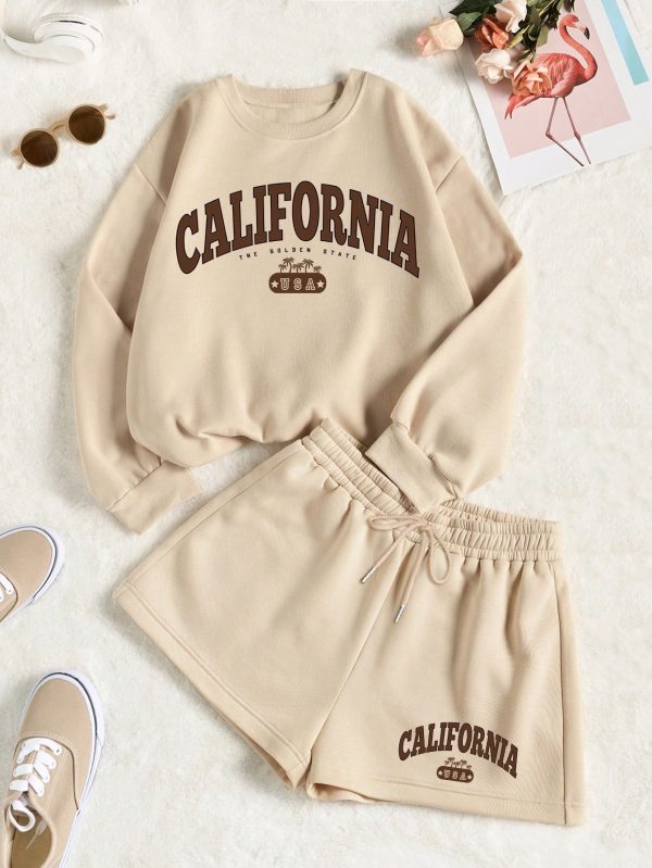 Letter Graphic Thermal Lined Sweatshirt & Drawstring Waist Shorts