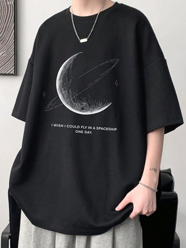 Men T-Shirts Fit Crew Neck Drop Shoulder Short Sleeve Graphic Tee Earth Casual Japanese Fashion Summer Polyester