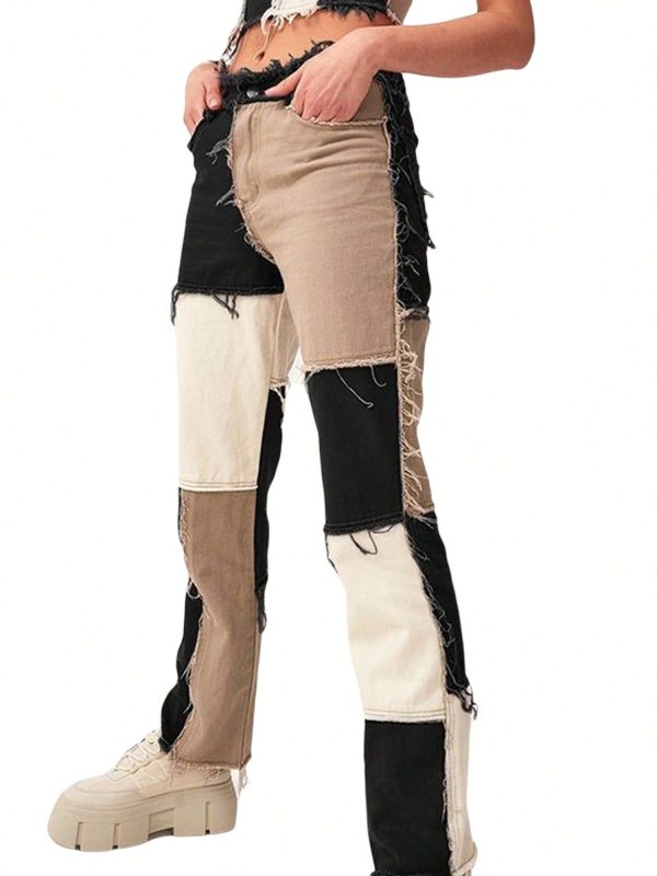 Women Patchwork Jeans Low Waist Color Block Button Straight Leg Trousers With Pockets