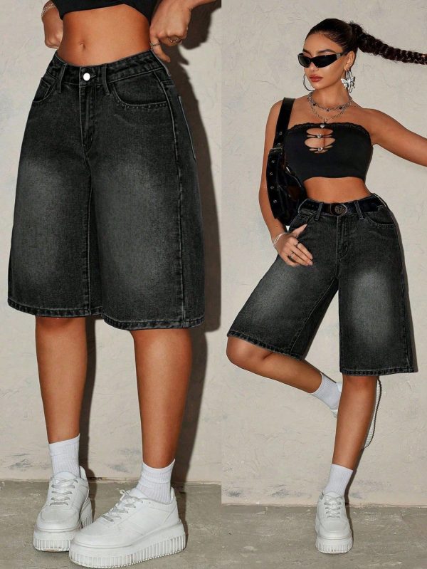 Women's Simple Front Button Pocket Casual Loose Denim Shorts