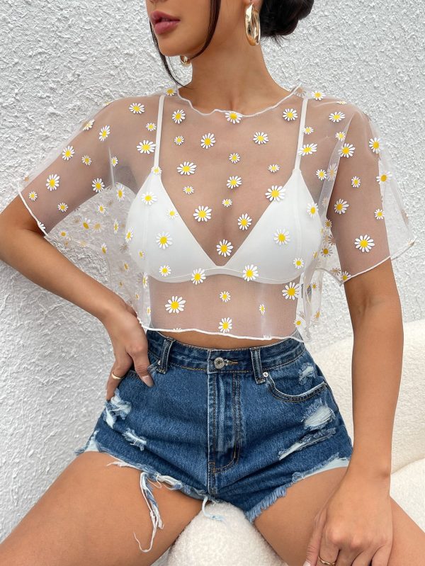 Daisy Print Dolman Sleeve Lettuce Trim Summer Mesh Top Without Bra