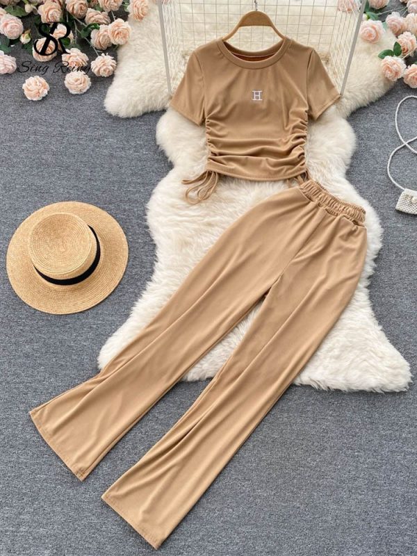 Zingj Solid Women Slim Summer Sets 2023 Ruched Elastic Waist Pocket Fashion Temperament Wide Leg Pants Casual Two Piece Set khaki-One Size