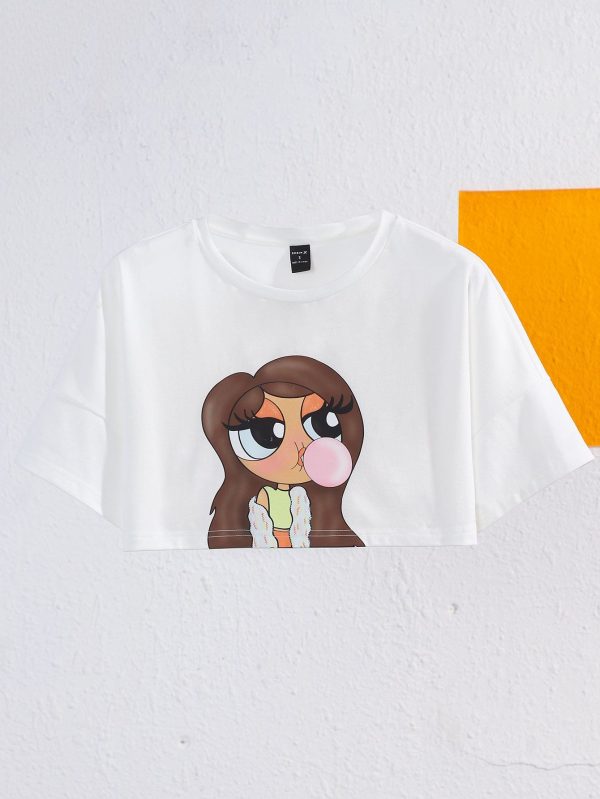 Artist Girlcore Drop Shoulder Figure Pattern Crop Women Graphic Tee, For Summer, Cotton, Holiday, Vacation, Spring, Festival, Ibiza Fits