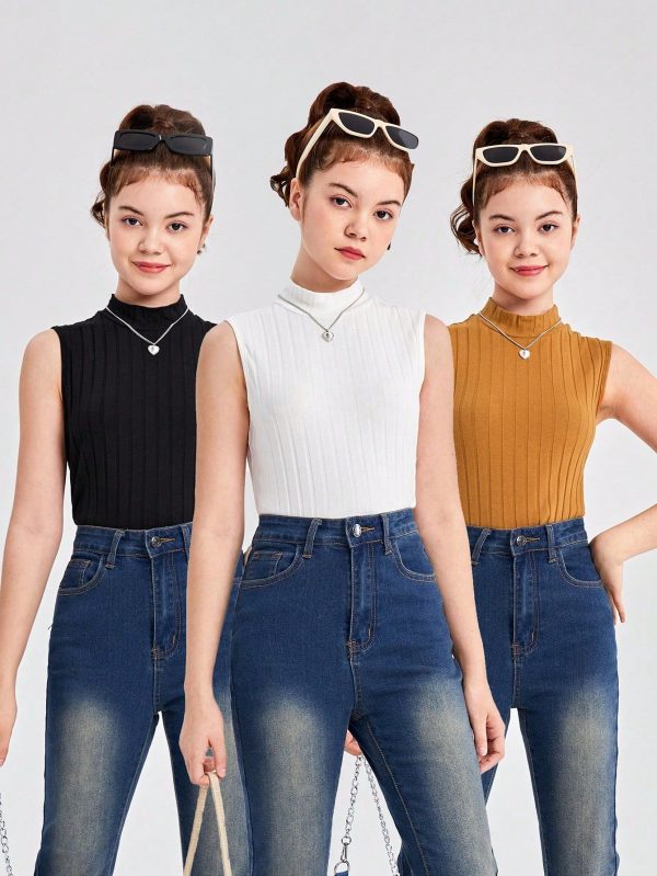 Teenage Girls' Knitted Solid Color Tank Top With Mock Neck Three Pieces Set