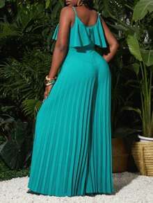 Slaydiva Women's Vacation Summer Music Festival Loose Green Ruffle Neck Pleated Wide Leg Spaghetti Strap Cami Jumpsuit