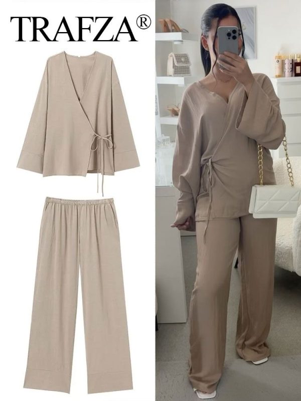 TRAFZA 2024 Woman Solid Trouser Set Long Sleeve V Neck Lace-Up Shirt Top + Elastic Waist Pajama