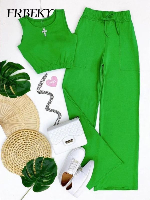 Pendant Sets Summer New Solid Color Short Undershirt Drawstring High Waist Straight Pants Fashion