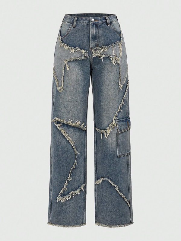 Frayed Trim Decor Washed Boy Friend Jeans, School