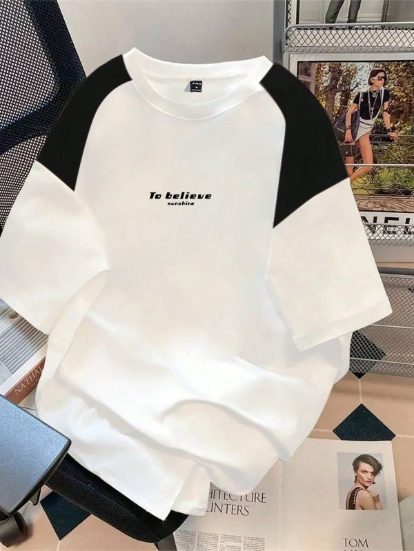 Men Summer Slogan Print Round Neck Colorblock Short Sleeve Casual T-Shirt