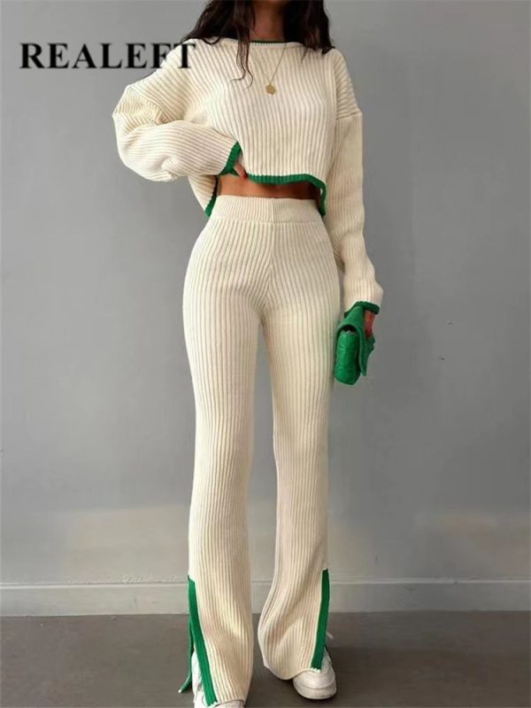 REALEFT Autumn Winter 2 Pieces Women's Oufit Sets Knitted Tracksuit O-Neck Sweater and Wide Leg
