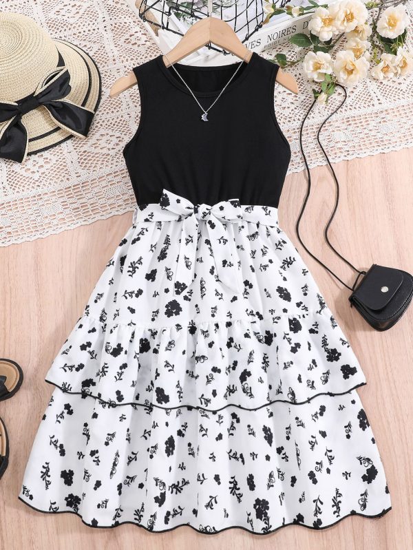 Tween Girl Ditsy Floral Print Two Layer Hem Dress