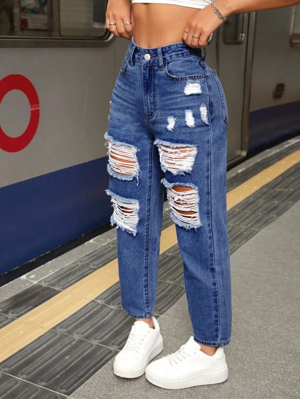 Women's Front Button Pocket Distressed Casual Denim Jeans,Baggy Jeans,Women's Ripped Mid Waisted Boyfriend Jeans Loose Fit Distressed Stretchy Denim Pants,