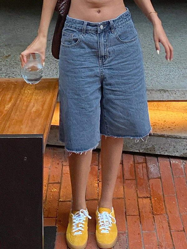 Fashionable Women Solid Color Fleece Loose Denim Shorts