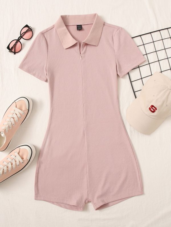 Half Zipper Placket Solid Romper