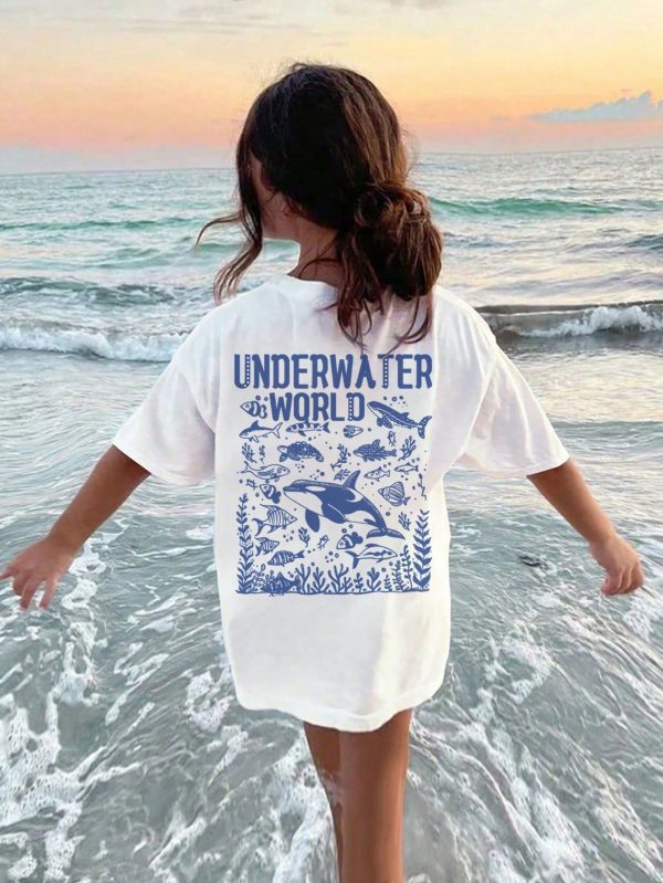Teen Girl Summer Letter & Shark Printed Round Neck Short Sleeve Casual T-Shirt