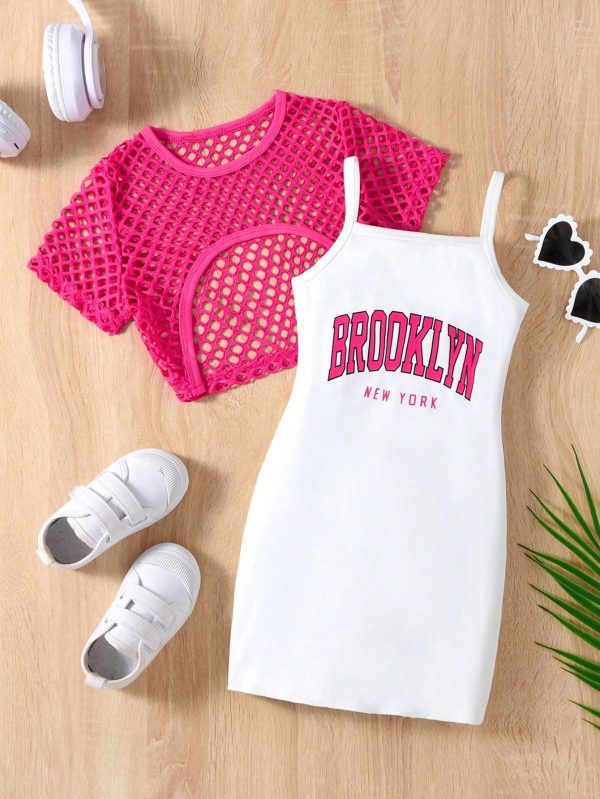 Young Girl Casual Sports Round Neck Short Hole Vest And Letter Print Strappy Dress Summer Set