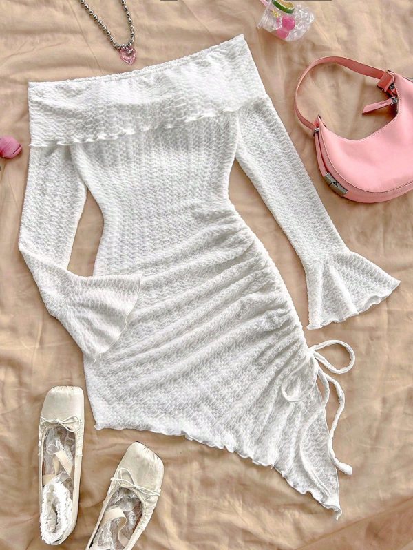 Spring and summer new pure horn long-sleeved hollow-out dress with irregular pleats wrapped buttock