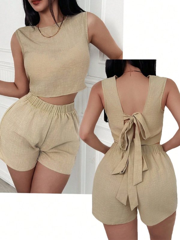 French Style Backless Sleeveless Bowknot Crop Top And Elastic Waist Brown Shorts Set