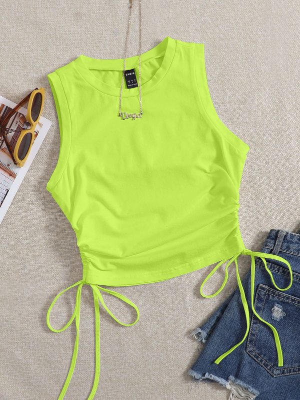 Drawstring Ruched Side Crop Green Tank Top