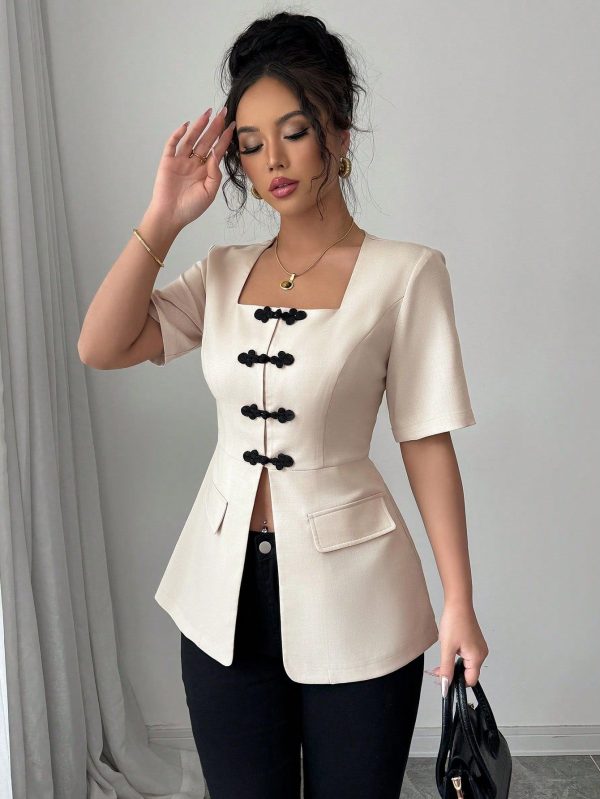 Women's Elegant Casual French Style Vacation & Office Wear Solid Color Square Collar Open Front Contrast Buttons Decorated Pocket Waist Gathered A-Line Short Sleeve Blouse, Spring/Summer